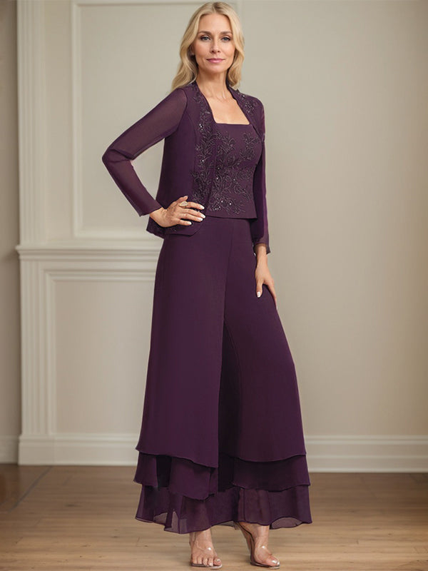 Separates Jumpsuit/Pantsuit Square Ankle-Length Lace Chiffon Mother of the Bride Dress With Sequins