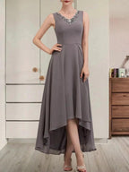 A-line V-Neck Asymmetrical Chiffon Mother of the Bride Dress With Beading Sequins by Dreamylily