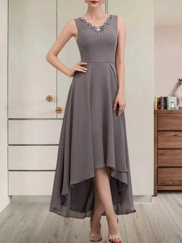 A-line V-Neck Asymmetrical Chiffon Mother of the Bride Dress With Beading Sequins by Dreamylily