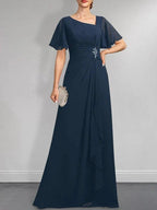A-line Asymmetrical Floor-Length Chiffon Mother of the Bride Dress With Pleated Beading Sequins by Dreamylily