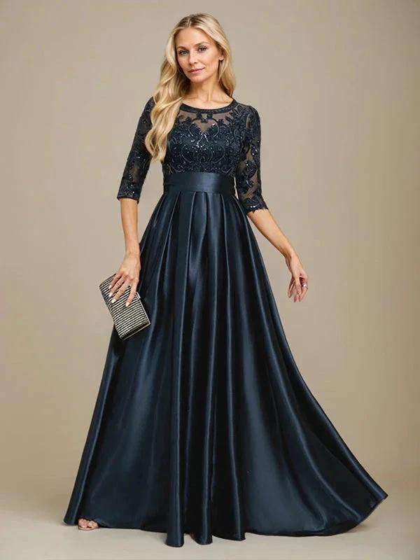 A-line Scoop Illusion Floor-Length Stretch Satin Lace Mother of the Bride Dress With Bow Sequins by Dreamylily