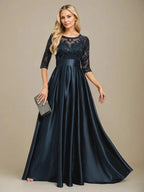 A-line Scoop Illusion Floor-Length Stretch Satin Lace Mother of the Bride Dress With Bow Sequins by Dreamylily