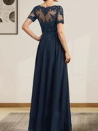 A-line Scoop Illusion Floor-Length Chiffon Lace Mother of the Bride Dress With Sequins Beading by Dreamylily