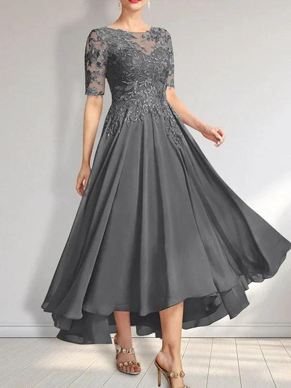 A-line Scoop Illusion Asymmetrical Chiffon Lace Mother of the Bride Dress With Sequins by Dreamylily
