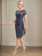 Sheath/Column Scoop Illusion Knee-Length Lace Chiffon Mother of the Bride Dress With Cascading Ruffles Sequins by Dreamylily