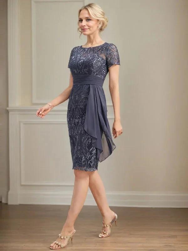 Sheath/Column Scoop Illusion Knee-Length Lace Chiffon Mother of the Bride Dress With Cascading Ruffles Sequins by Dreamylily