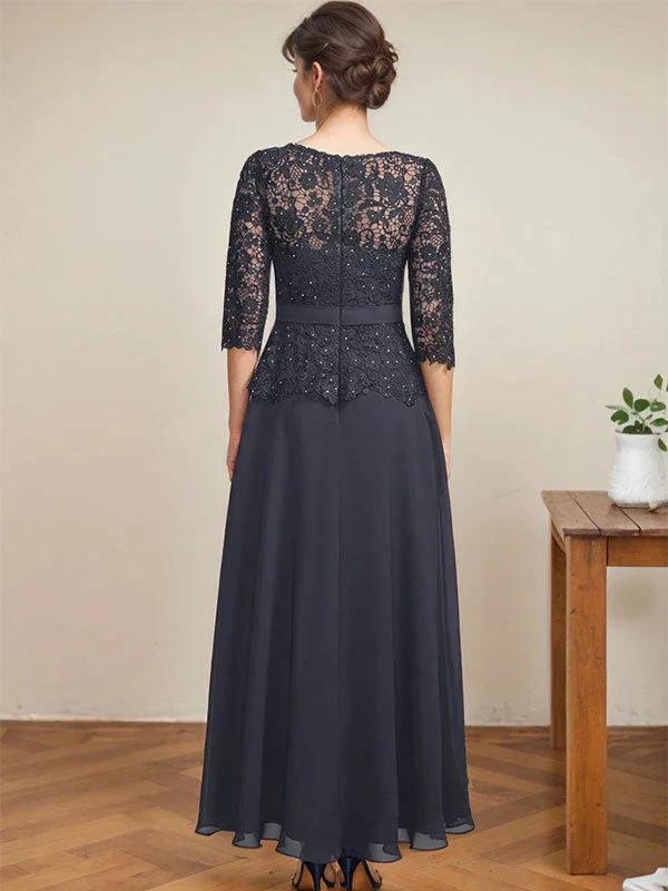 A-line Scoop Illusion Ankle-Length Chiffon Lace Mother of the Bride Dress With Rhinestone Beading by Dreamylily