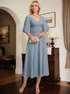 A-line V-Neck Tea-Length Lace Chiffon Mother of the Bride Dress With Pleated by Dreamylily