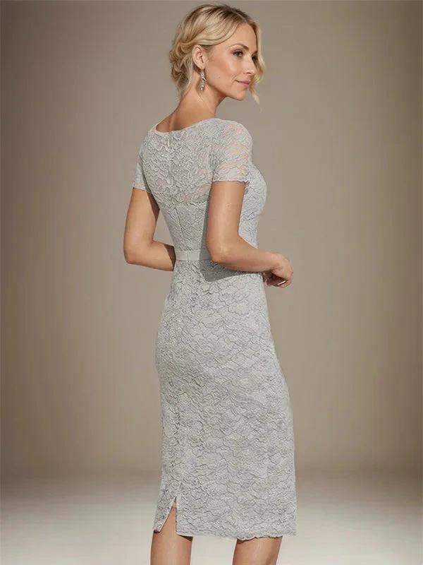 Sheath/Column Scoop Knee-Length Chiffon Lace Mother of the Bride Dress With Beading by Dreamylily