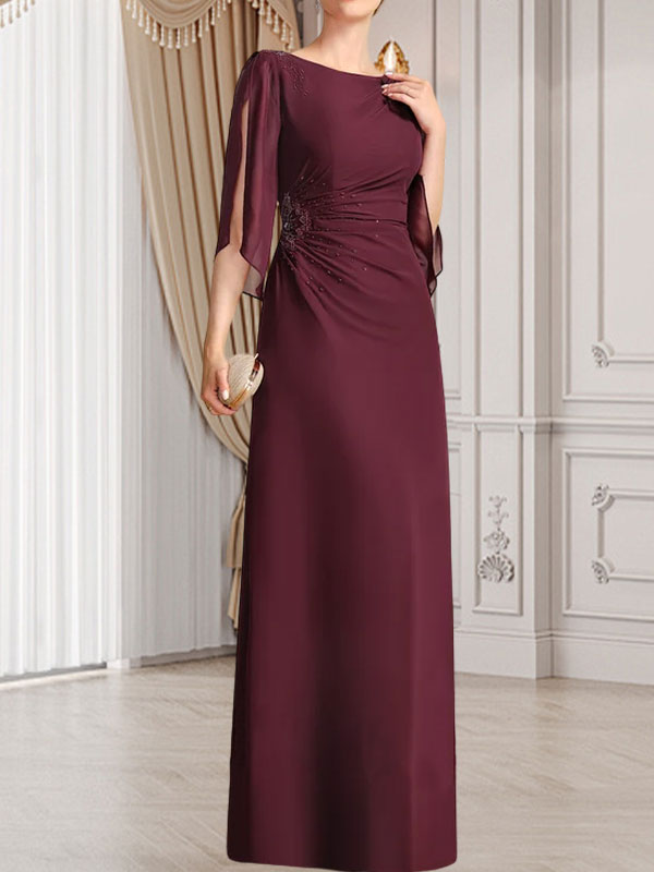 Etui-Linie/Säule U-Ausschnitt Bodenlang Chiffon Kleid für die Brautmutter mit Plissee Perlenbesatz