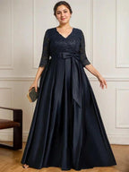 A-line V-Neck Floor-Length Satin Lace Mother of the Bride Dress With Sequins Bow by Dreamylily