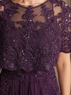 A-line Boat Neck Floor-Length Lace Chiffon Mother of the Bride Dress With Applique Sequins by Dreamylily