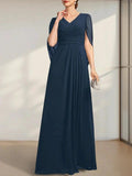 A-line V-Neck Floor-Length Chiffon Mother of the Bride Dress With Pleated by Dreamylily
