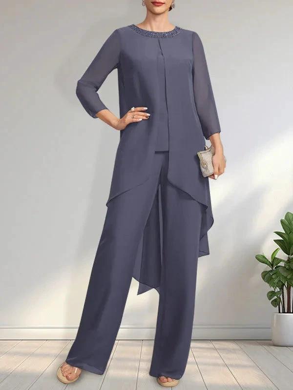 Separates Jumpsuit/Pantsuit Scoop Floor-Length Chiffon Mother of the Bride Dress With Sequins Beading by Dreamylily