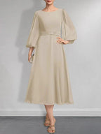 A-line Scoop Tea-Length Chiffon Mother of the Bride Dress With Crystal Brooch Pleated by Dreamylily