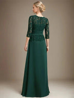 A-line Scoop Illusion Floor-Length Chiffon Lace Mother of the Bride Dress With Pleated Sequins Beading by Dreamylily