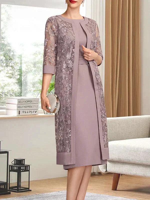 Sheath/Column Scoop Knee-Length Chiffon Mother of the Bride Dress With Pleated Sequins by Dreamylily