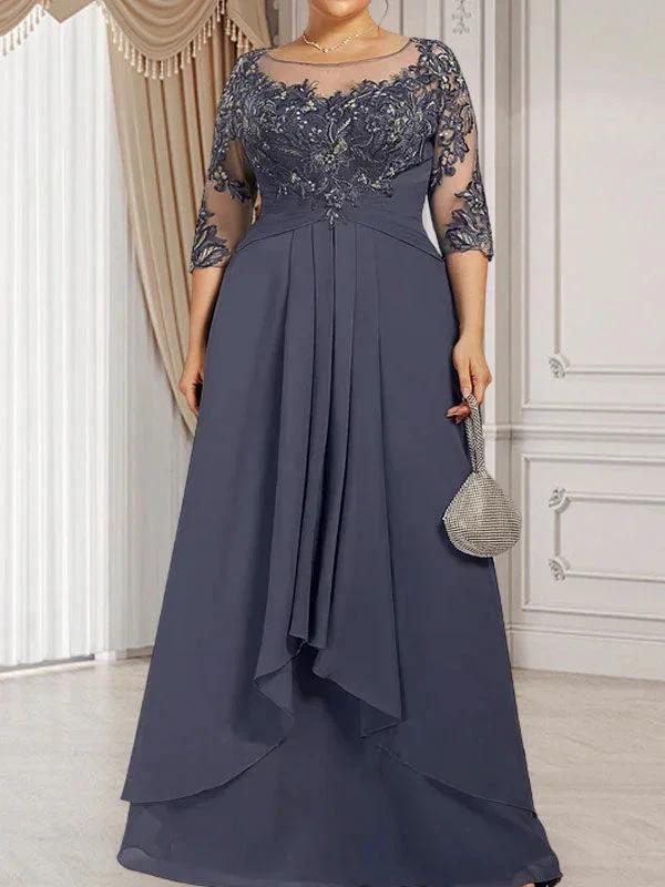 A-line Scoop Illusion Floor-Length Lace Chiffon Mother of the Bride Dress With Cascading Ruffles by Dreamylily