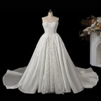 White Satin Strapless Wedding Dress Lace Appliques Sweetheart Neckline Ball Gown SW743
