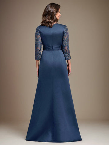 A-Linie U-Ausschnitt Bodenlang Spitze Satin Kleid für die Brautmutter mit Applikation 