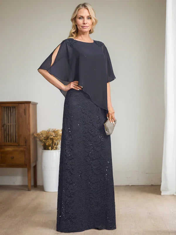 Vestido de madre de la novia de gasa con encaje, escote redondo y largo hasta el suelo, con lentejuelas y abalorios