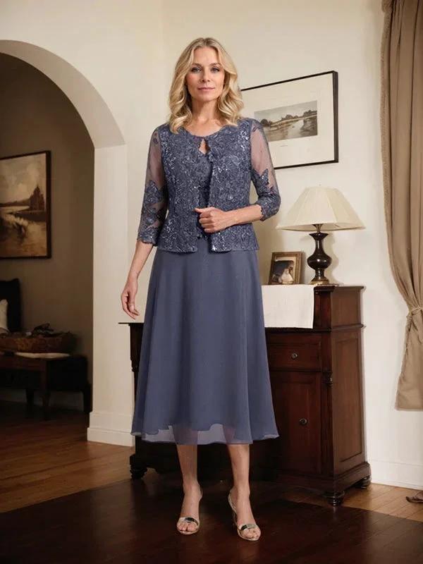 A-line Scoop Tea-Length Lace Chiffon Mother of the Bride Dress With Sequins by Dreamylily