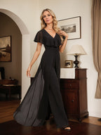 Jumpsuit/Pantsuit V-Neck Floor-Length Chiffon Evening Dress