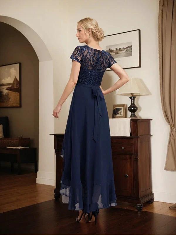 A-line Scoop Illusion Asymmetrical Chiffon Lace Mother of the Bride Dress With Bow Ruffle Sequins by Dreamylily