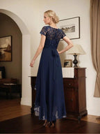 A-line Scoop Illusion Asymmetrical Chiffon Lace Mother of the Bride Dress With Bow Ruffle Sequins by Dreamylily