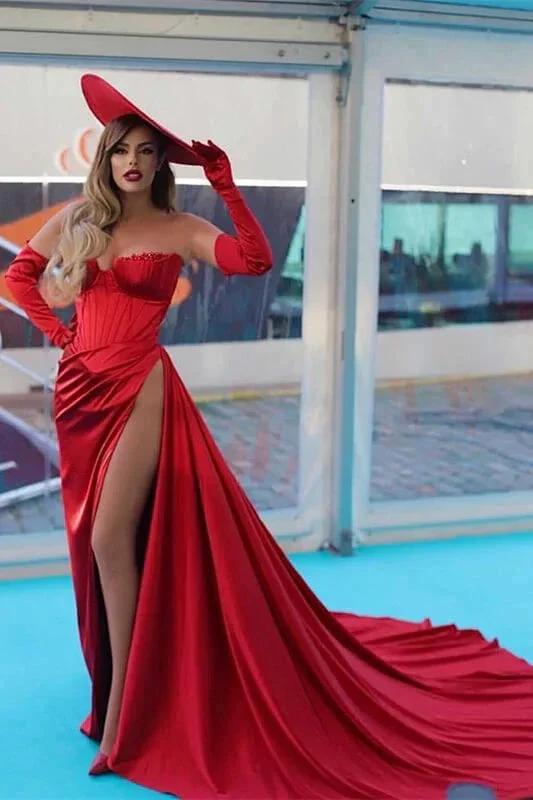 Stunning Red Long Mermaid Off-the-Shoulder Evening Prom Dress with Slit by BIZTUNNEL