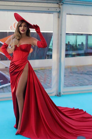 Stunning Red Long Mermaid Off-the-Shoulder Evening Prom Dress with Slit