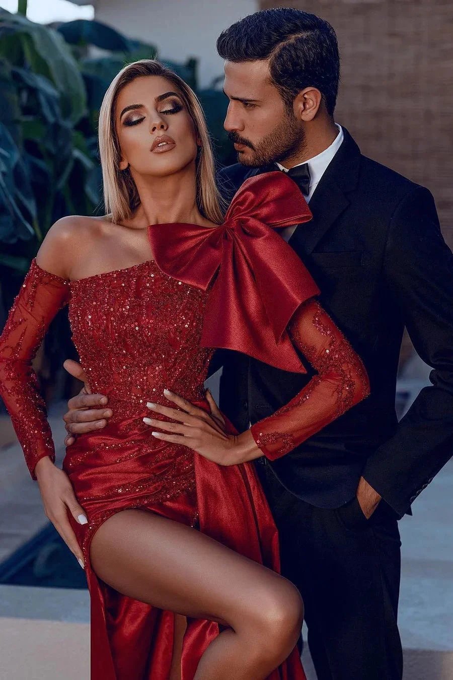 Bow Burgundy Long Sleeve Sequins Mermaid Prom Dress With Split by BIZTUNNEL