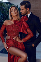 Bow Burgundy Long Sleeve Sequins Mermaid Prom Dress With Split by BIZTUNNEL