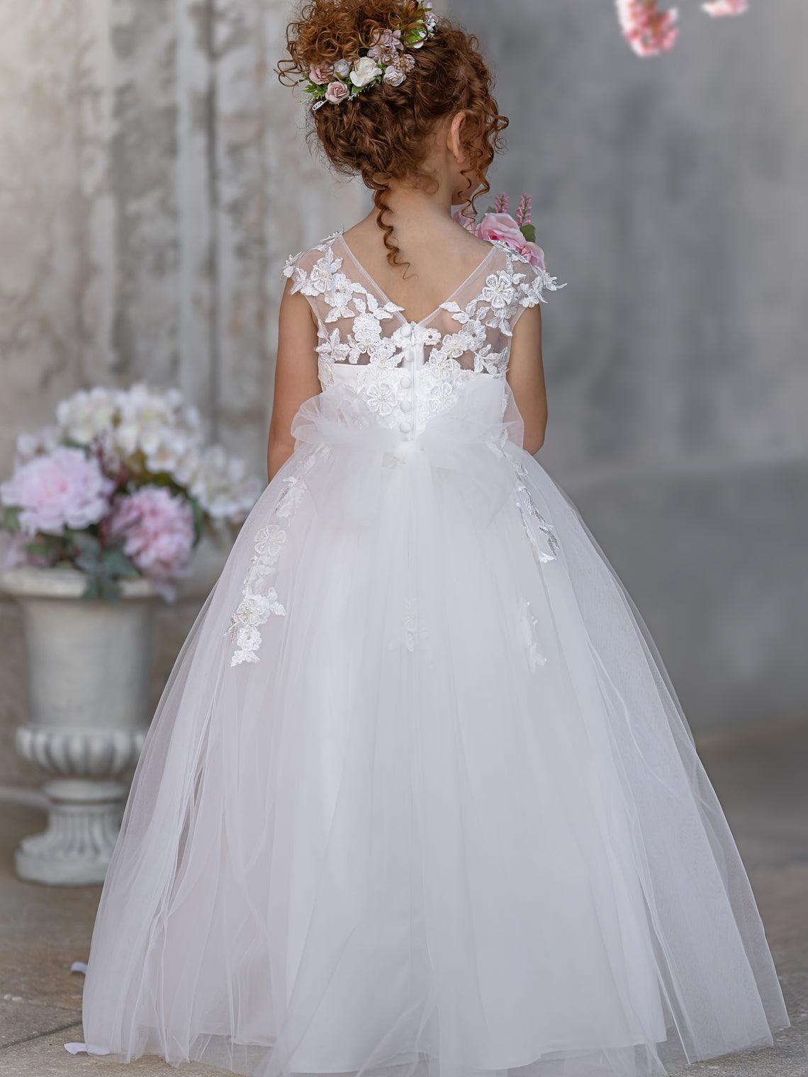 Ivory Princess Gown with Lace Appliques and Tulle Bow | Short Sleeve Ankle-Le… - photo 2