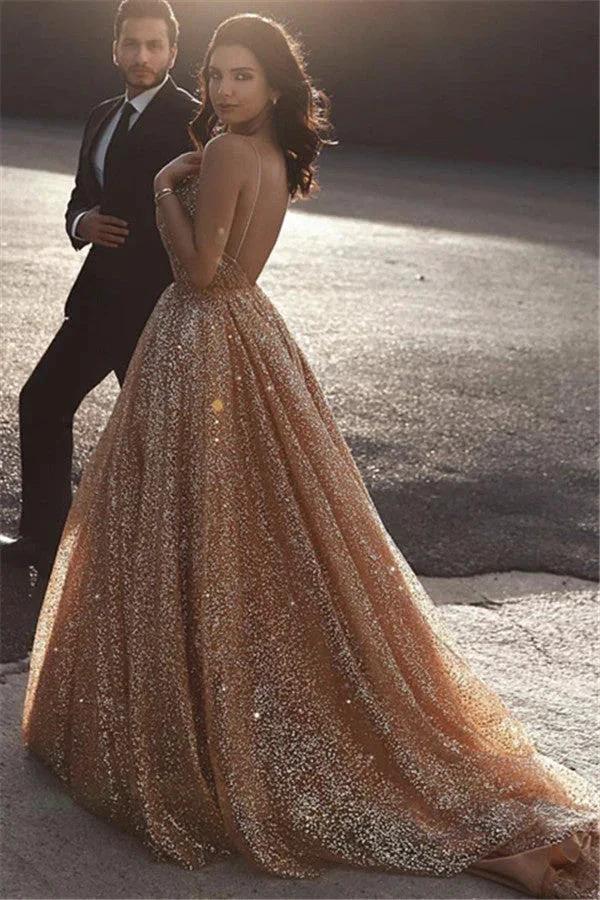 Glamorous Gold A Line Sequins Tulle Long Prom Dress with Ruffles by BIZTUNNEL