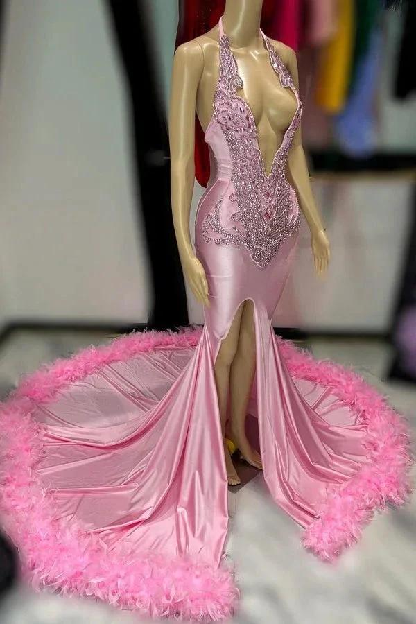 Sexy Pink Feathered Deep V Neck Prom Dress with Appliques and Slit by BIZTUNNEL