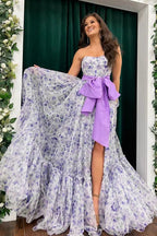 Chic Floral Printed Chiffon Strapless Long Prom Dresses with Slit by Kissprom