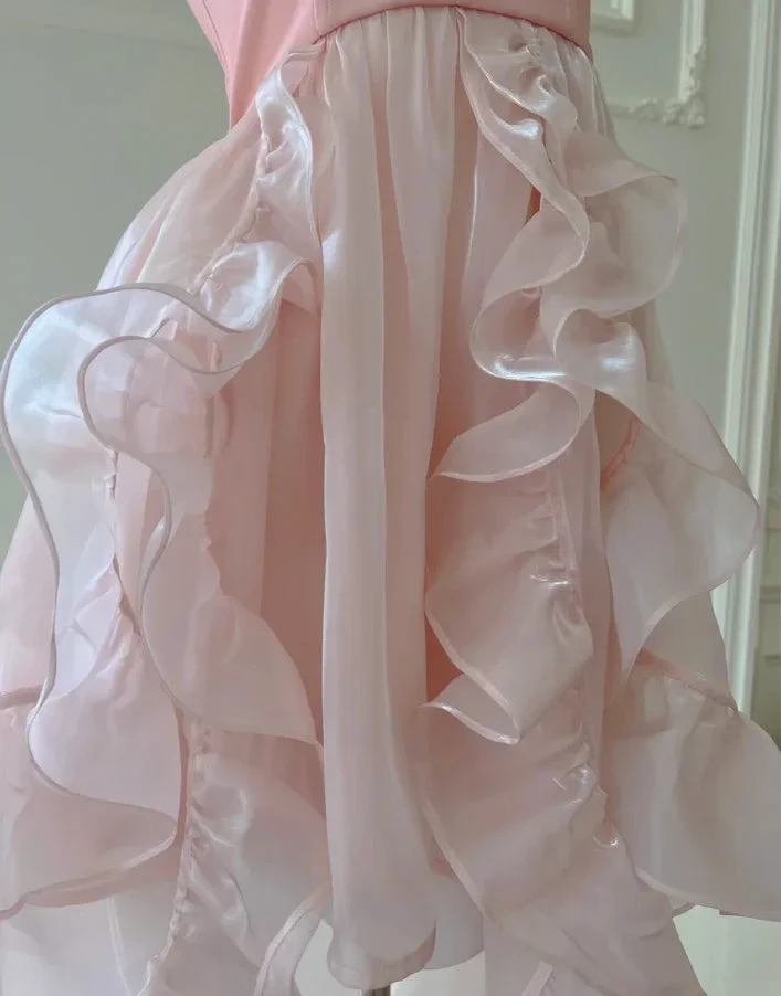 Simple Halter Pink Tulle Pearls Beaded High-Low Ruffles Homecoming Dress Party Dress Y8582 by simplepromdress