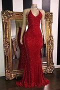 Glamour Red Hot Spaghetti Straps Sequin Mermaid Prom Dress by BIZTUNNEL
