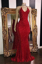Glamour Red Hot Spaghetti Straps Sequin Mermaid Prom Dress by BIZTUNNEL