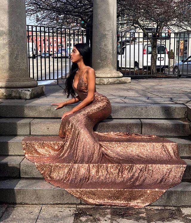 Spaghetti Straps V-neck Champagne Mermaid Prom Dress with Sequins by BIZTUNNEL