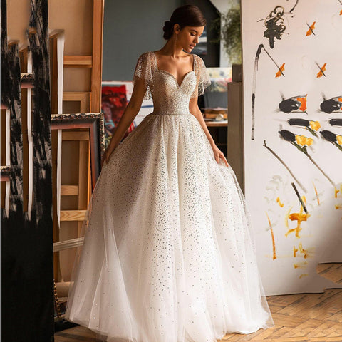 Elegant Glitter Sweetheart Wedding Dresses For Women A-Line Batwing Sleeves Bridal Gown Tulle Backless Robe De Mariée