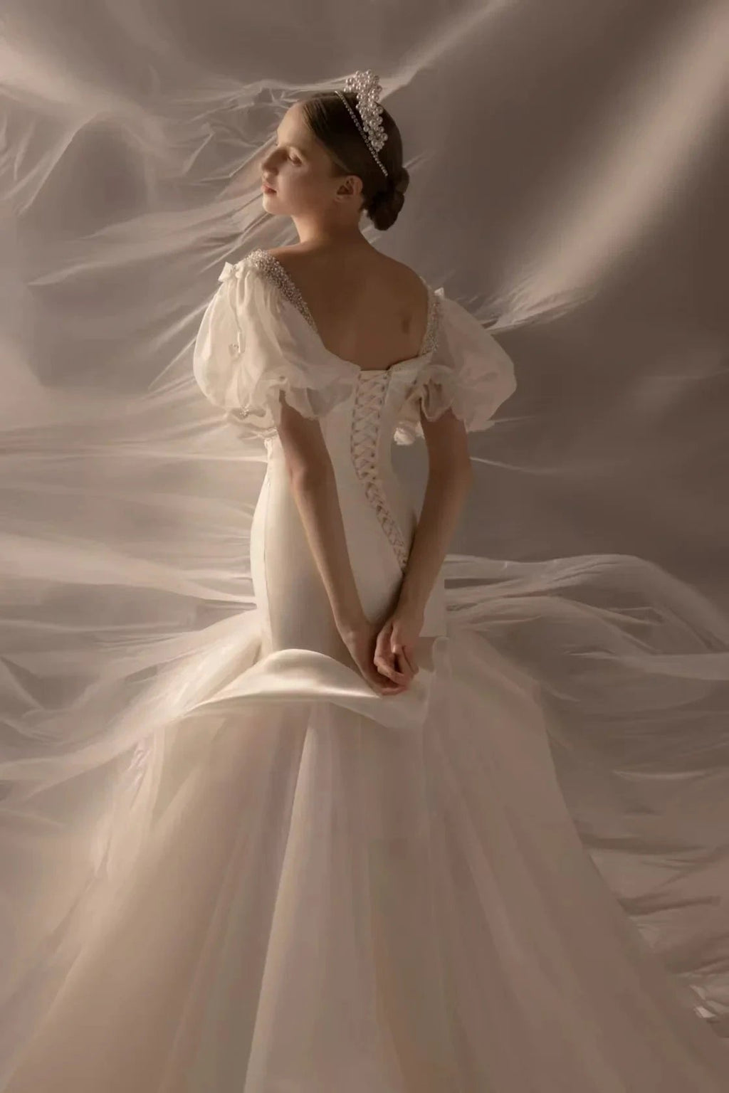 Elegant Mermaid Square Neck Organza Puff Sleeve Satin Wedding Dress with Crystal Trim & Lace-Up Back Q6019 by ZAPDRESS