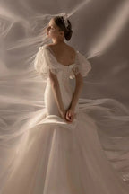 Elegant Mermaid Square Neck Organza Puff Sleeve Satin Wedding Dress with Crystal Trim & Lace-Up Back Q6019 by ZAPDRESS