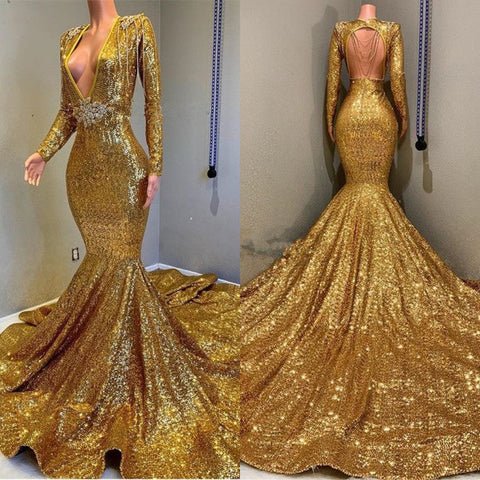 Gold Long Sequined V-Neck Bakless Mermaid Prom Dress With Sleeves