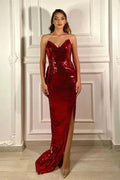 V Neck Mermaid Split Side Burgundy Long Prom Dress with Sequins by BIZTUNNEL