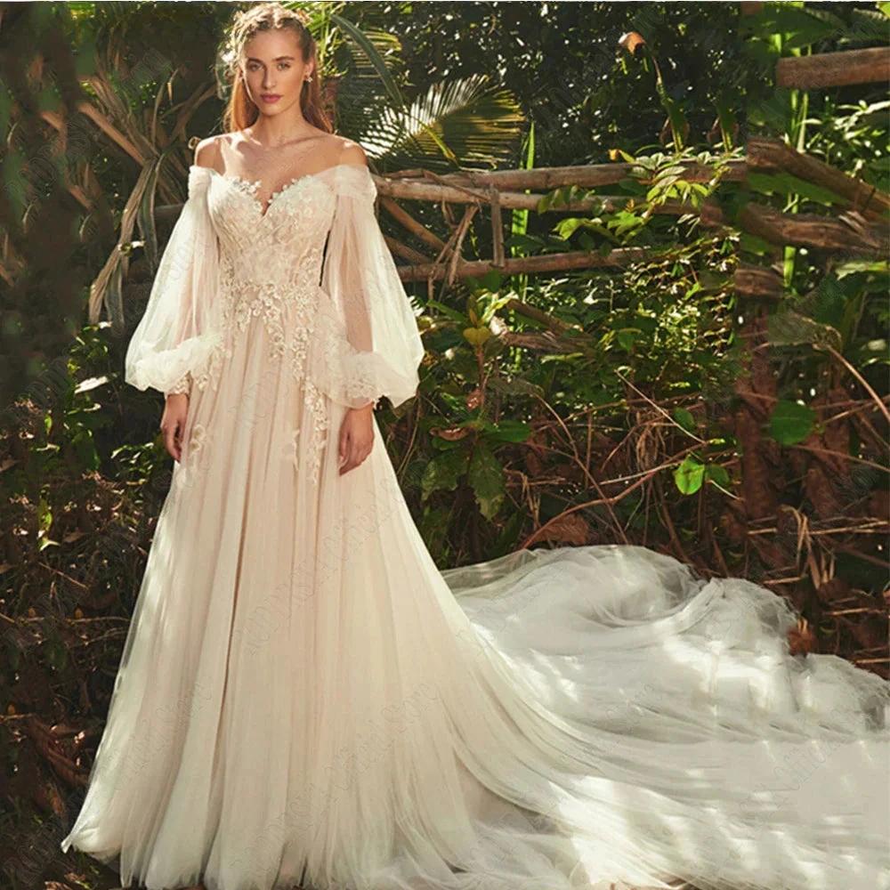 Light Champagne Wedding Dresses Pastrol Puff Long Sleeves 3D Flowers Bride Gowns A-Line Sexy Backless vestidos de novia by payinti