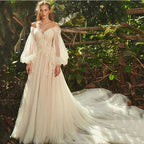 Light Champagne Wedding Dresses Pastrol Puff Long Sleeves 3D Flowers Bride Gowns A-Line Sexy Backless vestidos de novia by payinti