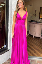 Luella | A-Line V-Neck Fuchsia Pleated Long Prom Dress by KissProm