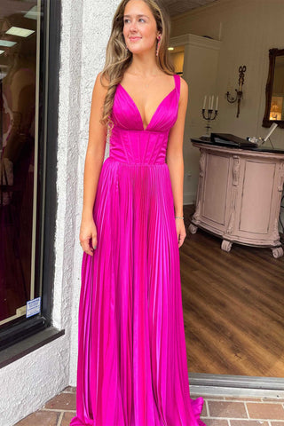 Luella | Langes, plissiertes Ballkleid in Fuchsie mit V-Ausschnitt